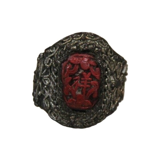 OLD CHINESE EXPORT CINNABAR & SILVER FILIGREE ADJUSTABLE RING - Picture 1 of 4